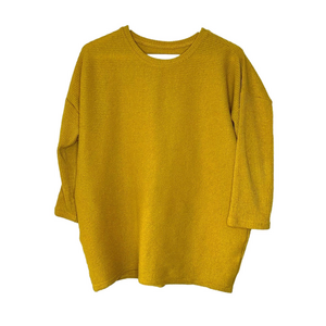 Ribbed Crewneck Sweater Oversized Boxy 3/4 Sleeve Mustard Yellow Size Large